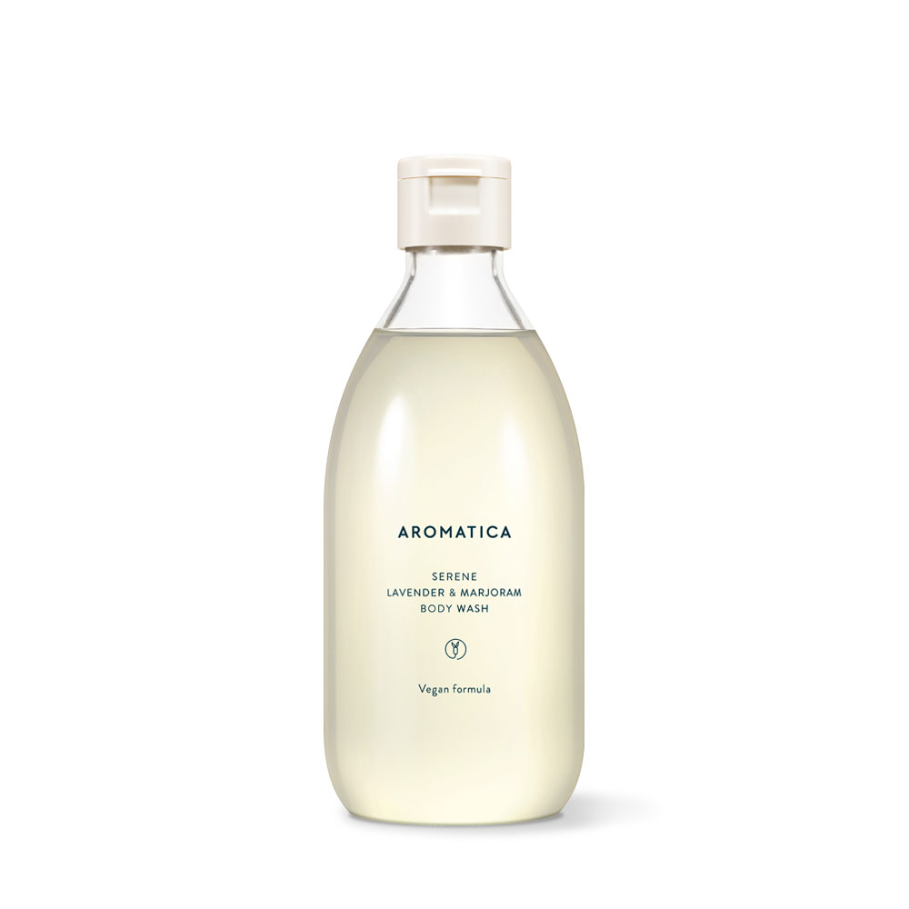 Ein aromatherapeutisches Duschgel der Marke Aromatica mit Lavendel und Marjoram