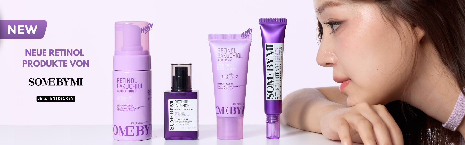 A lineup of four purple-toned skincare products from SOME BY MI’s new retinol collection, including a bubble toner, reactivating serum, dual cream, and intense cream, displayed on a white surface with a light purple background.